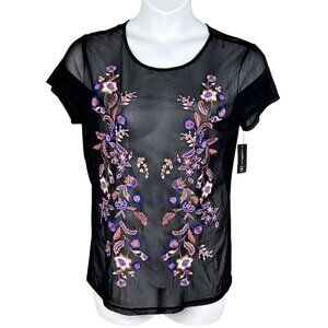 Inc NWT Womens L Sheer Mesh Top Black Floral Embroidered Y2K Witchy Whimsigoth